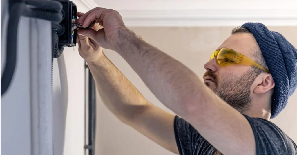 Men install DIY home security